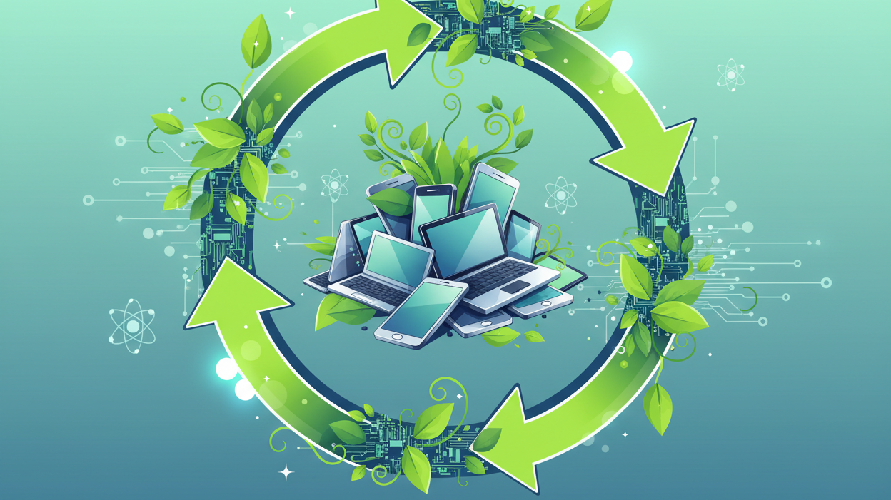 arrows in circular direction with a pile of computers in the center. This is AI-generated image.