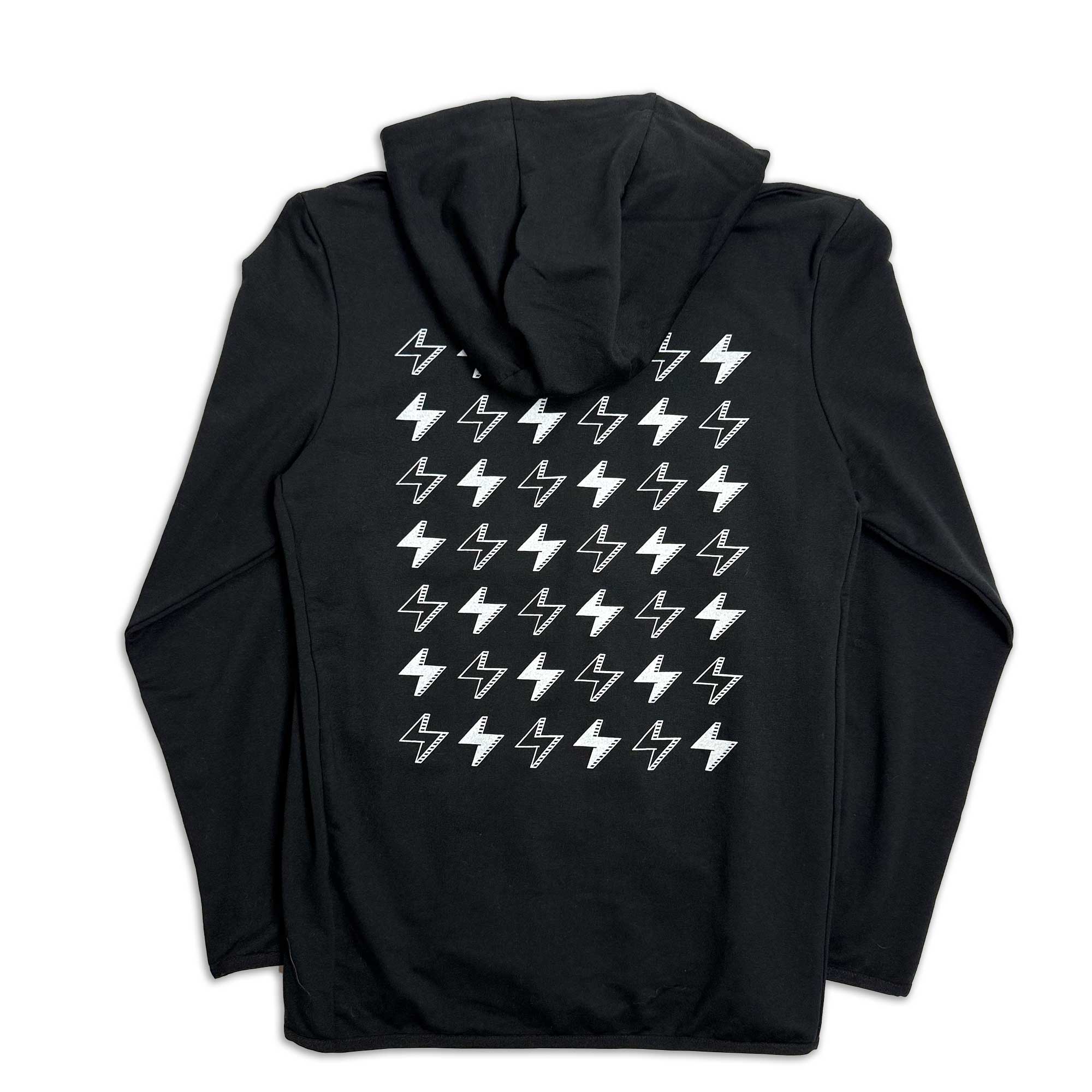 Black hoodie with screen printed lightning bolt pattern on the back