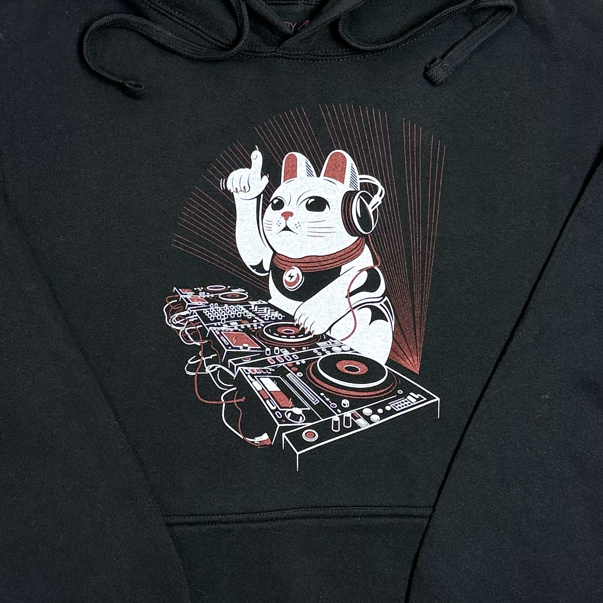 Black hoodie with a graphic of a lucky cat DJing on the chest