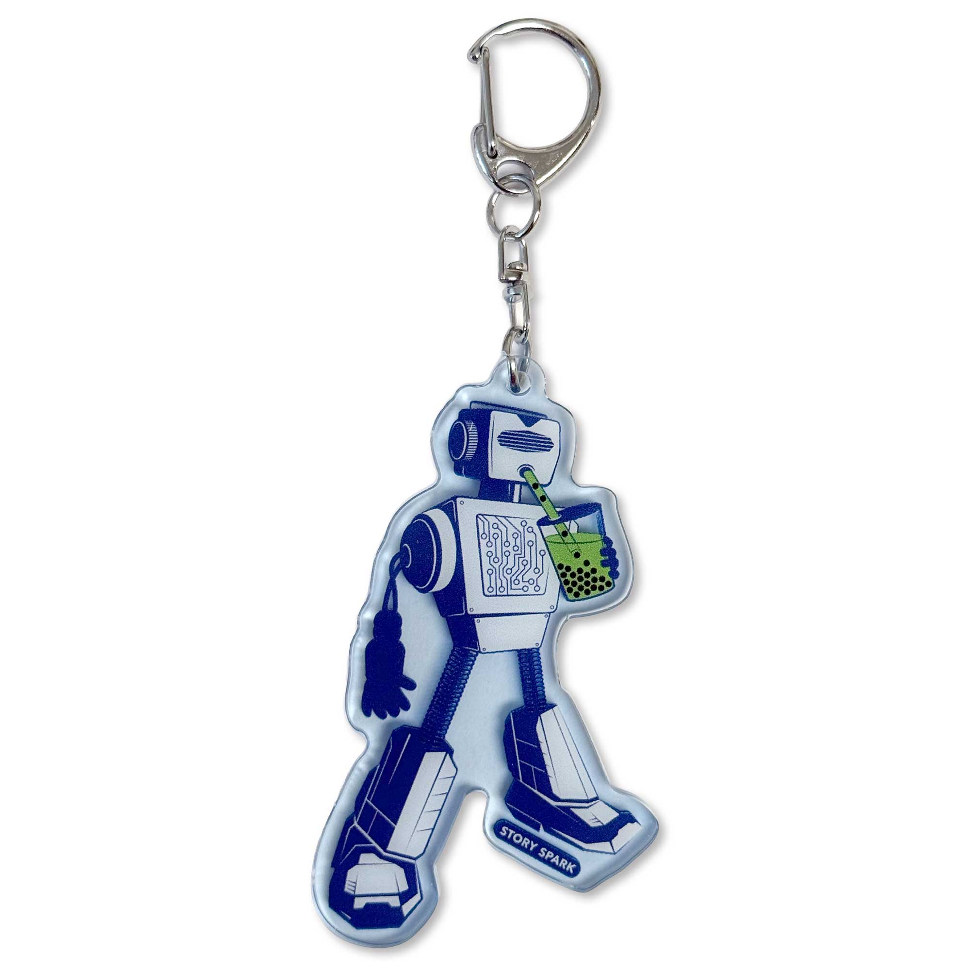 Boba Bot character keychain double sided acrylic design for robotics and matcha boba fans