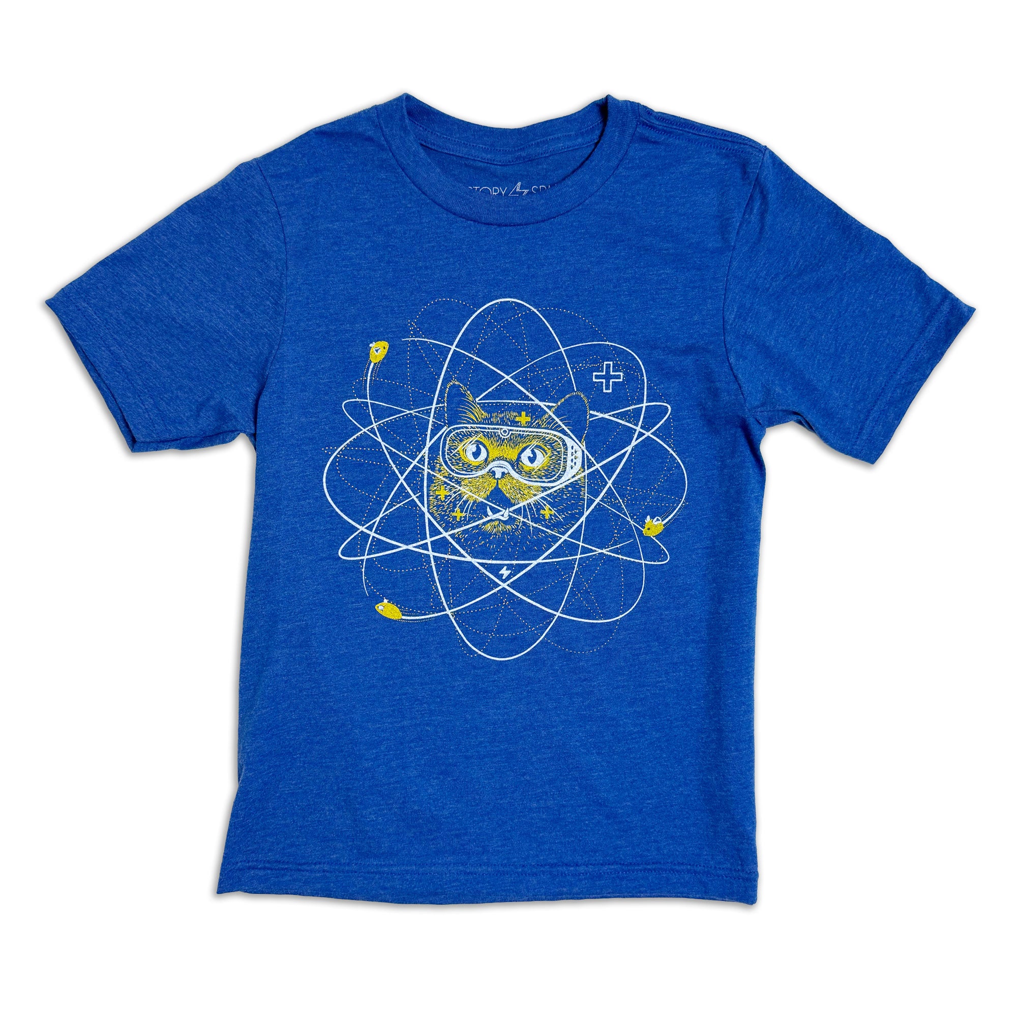 Blue kids t-shirt with a graphic design of a cat in an atom on a white background