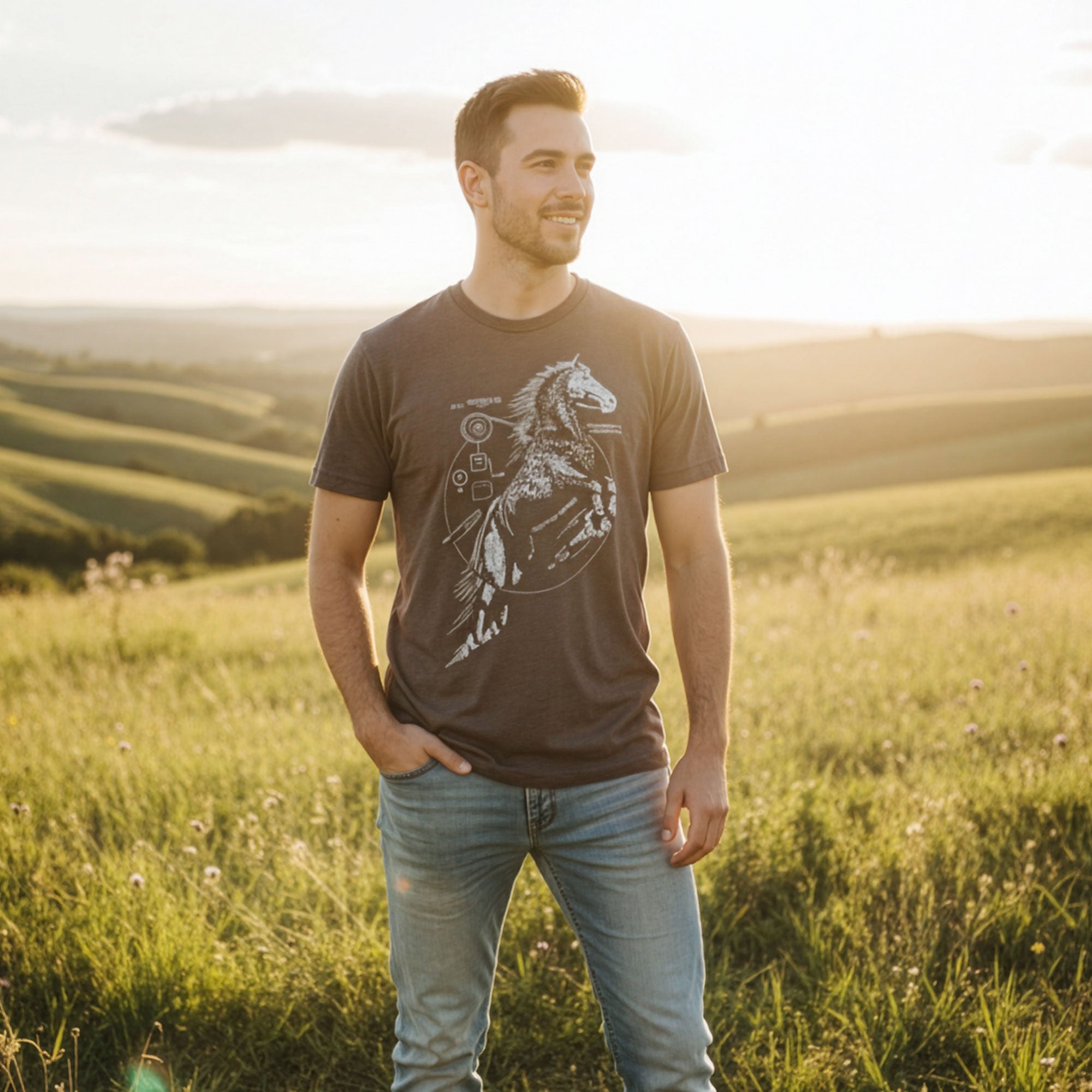 Man wearing Horse Power graphic t-shirt with a horse design in a field during sunset