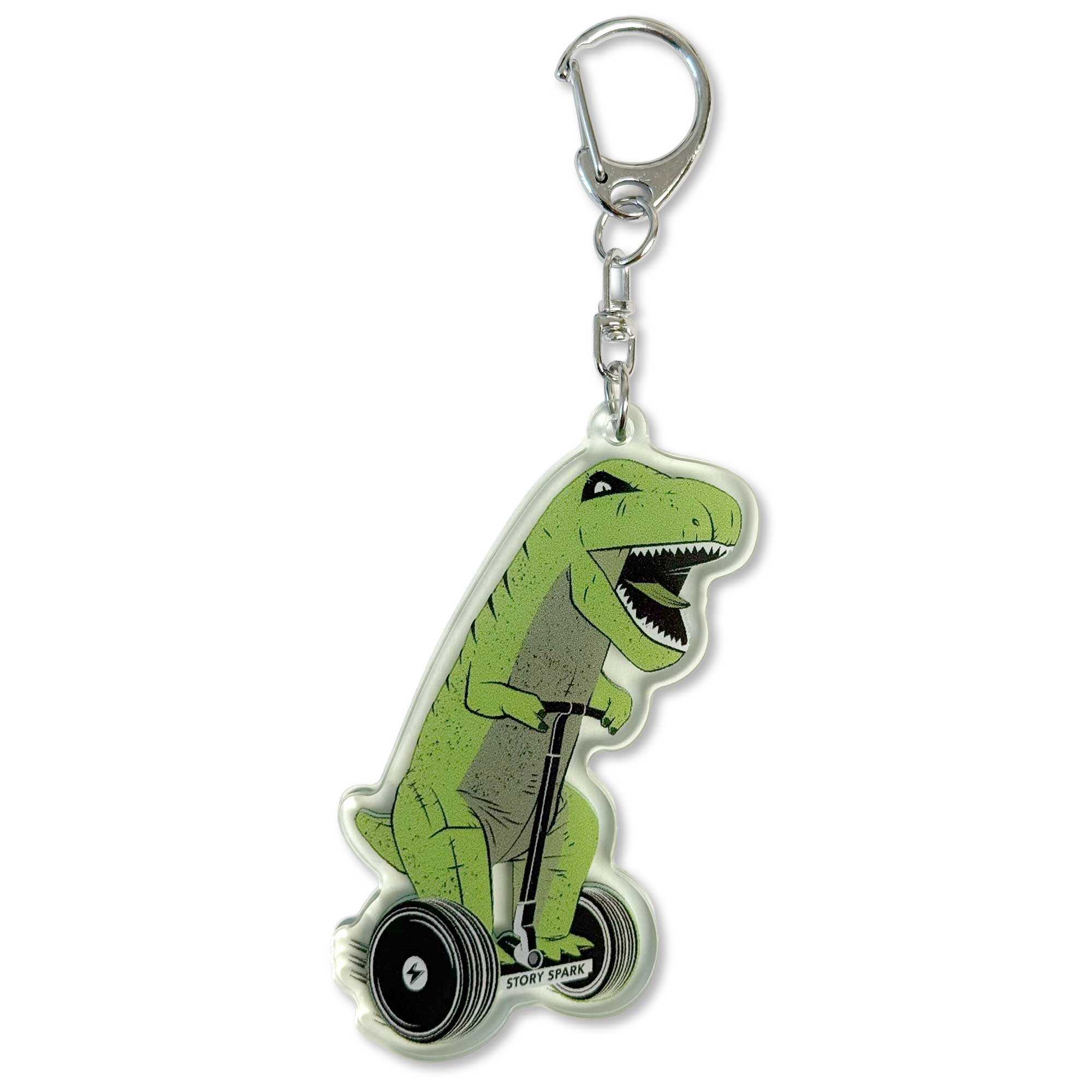 hoverboard T rex acrylic keychain in translucent green with chrome clasp