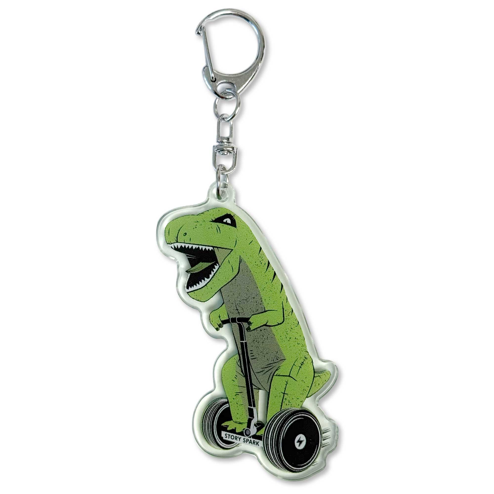 dinosaur riding hoverboard keychain double sided acrylic close up