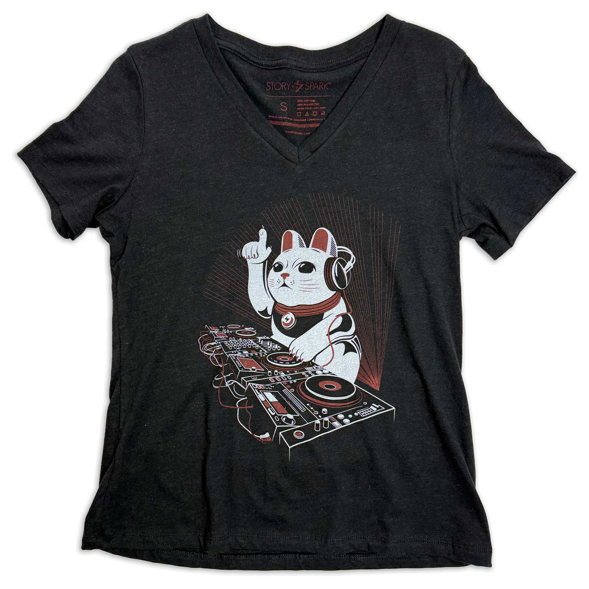 DJ Lucky Cat Womens v-neck graphic t-shirt by STORY SPARK