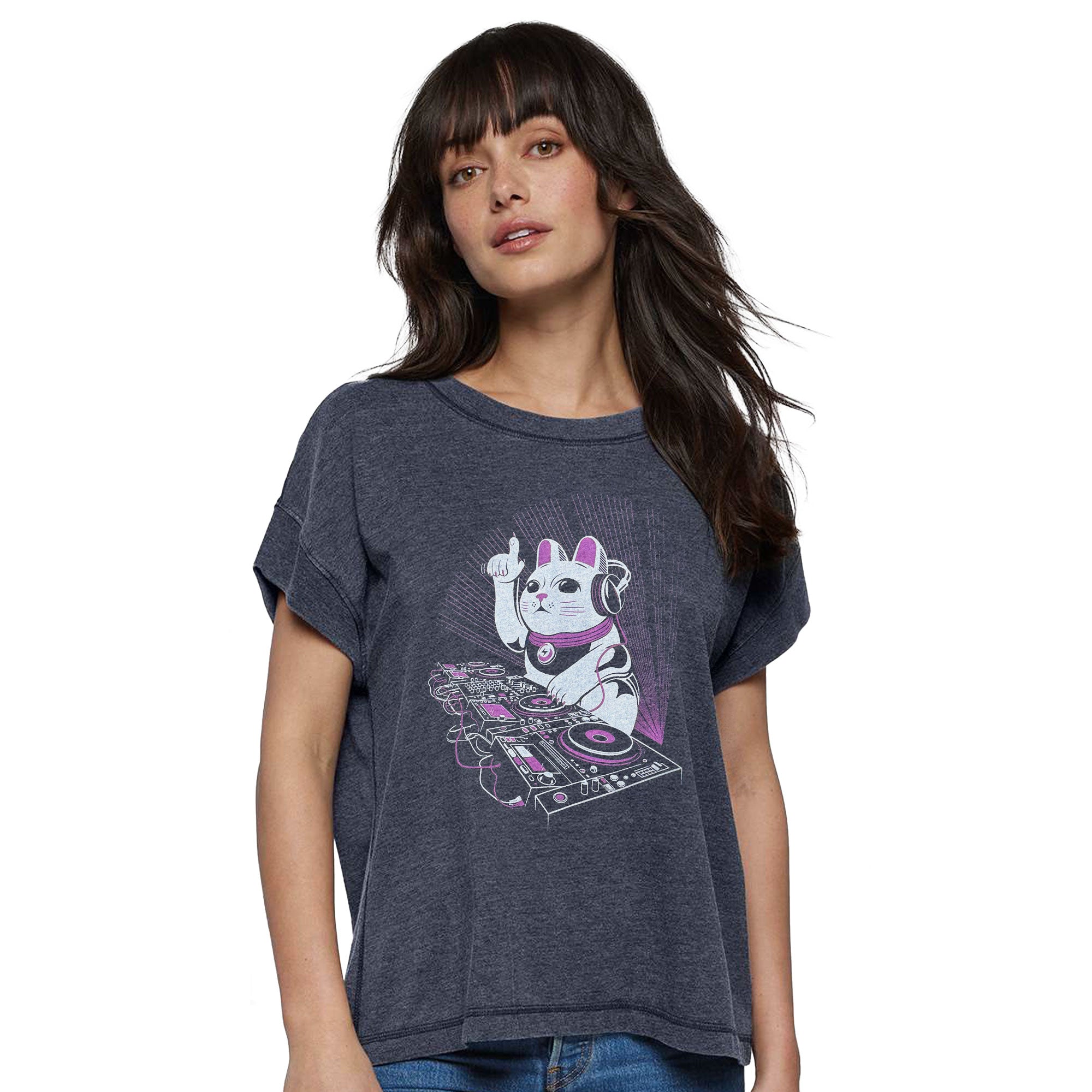 DJ Lucky Cat Womens relaxed scoop neck t-shirt