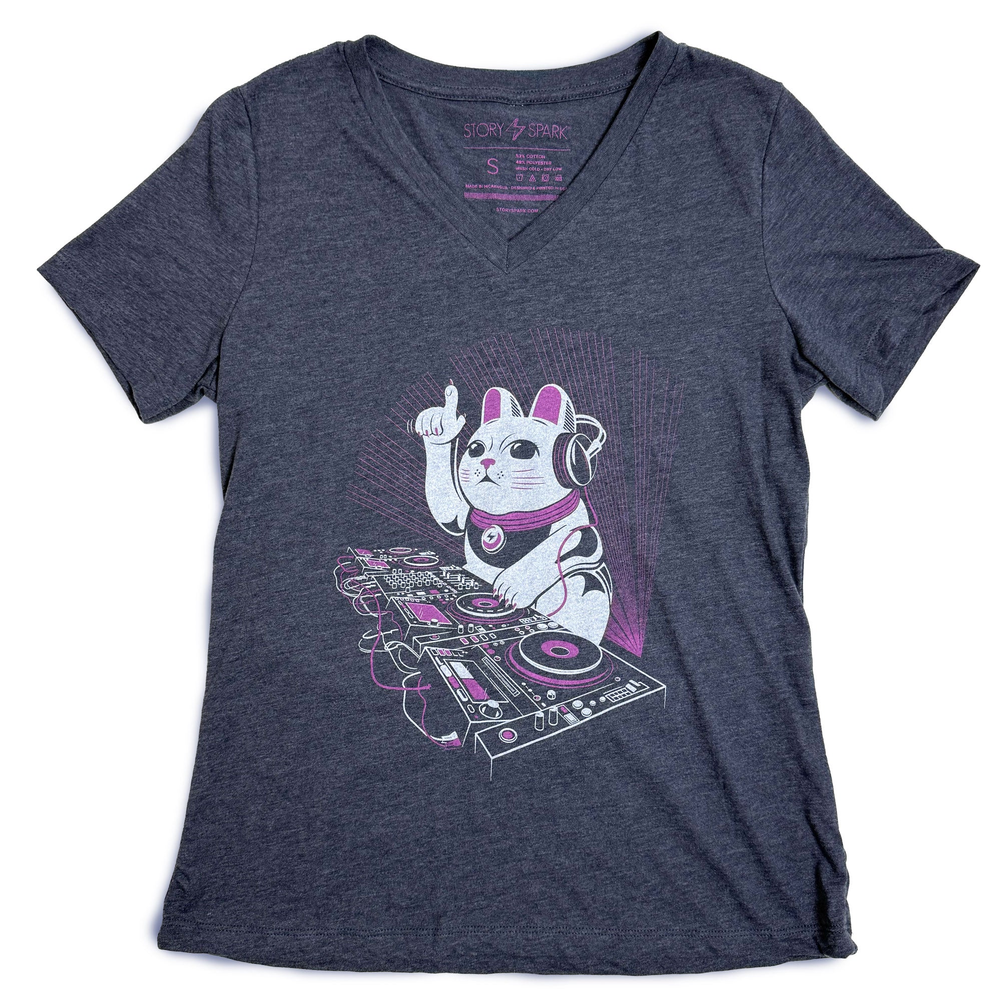 Womens graphic t-shirt with a graphic of a Lucky Cat DJing and waving paw in the air - original design by STORY SPARK