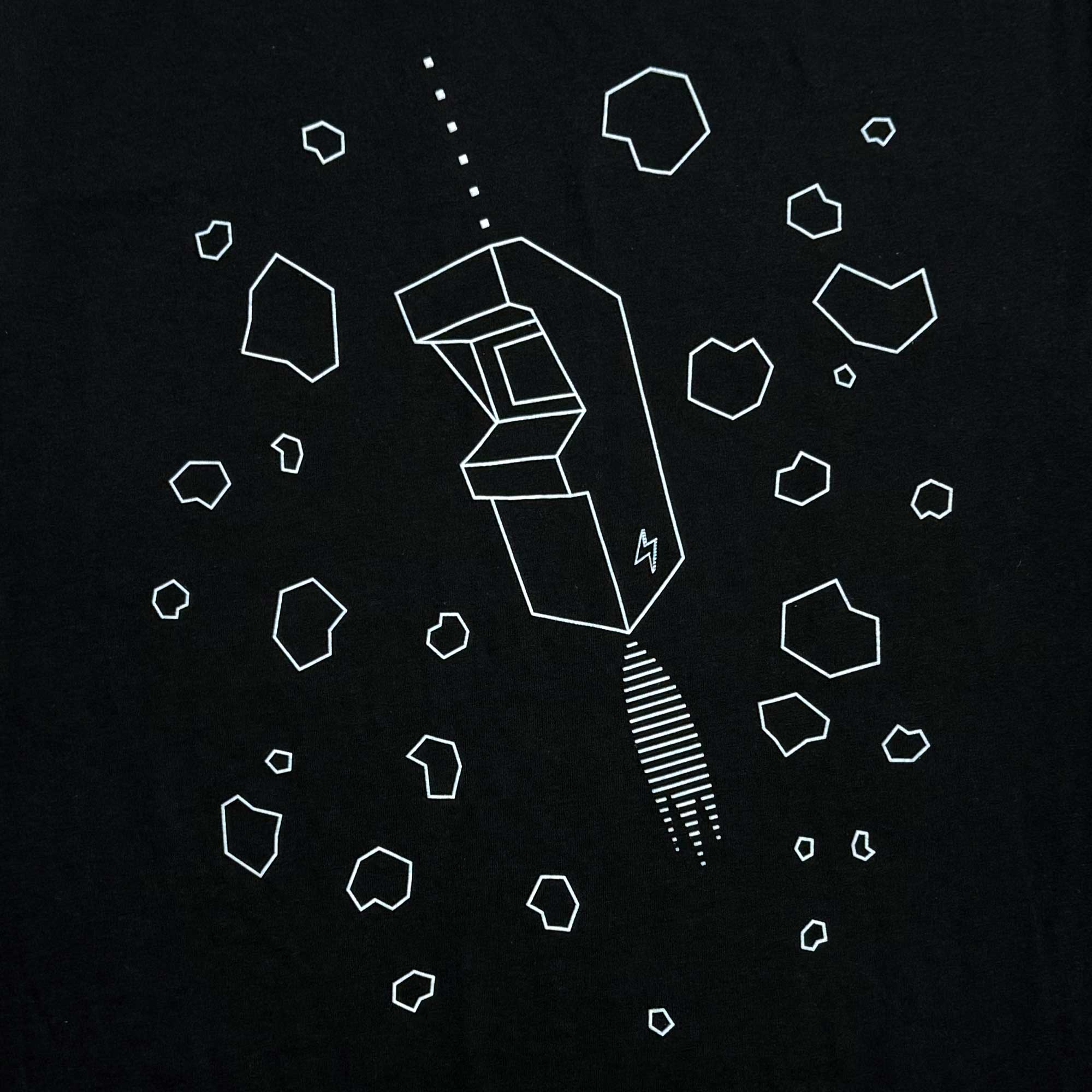 Arcade game flying through asteroid field graphic t-shirt for retro video gamers
