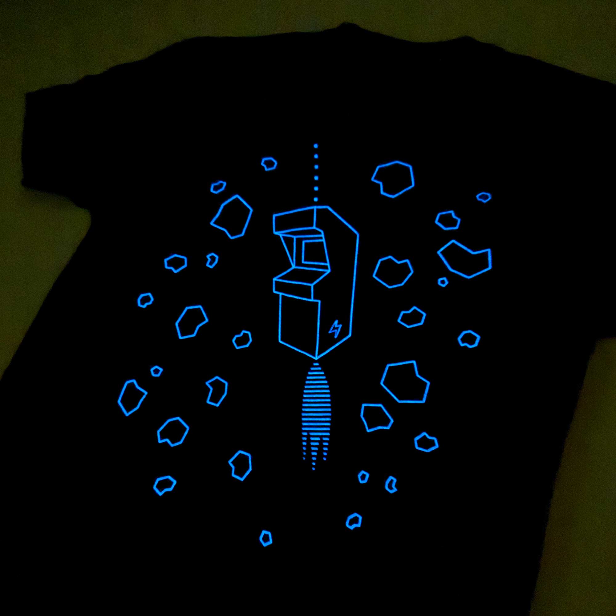 Retro gamer t-shirt displaying asteroids cabinet game that glows in the dark
