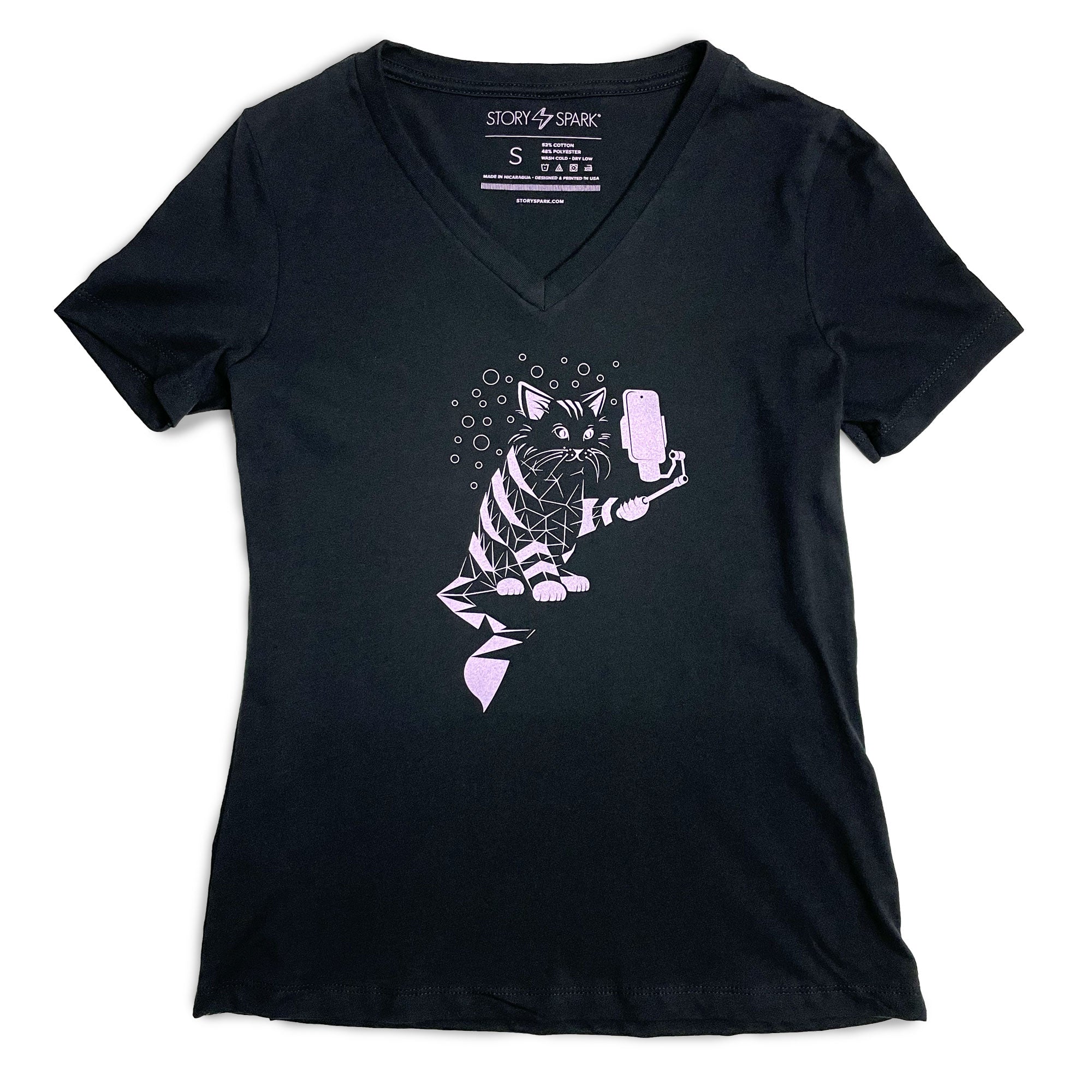 Selfie Cat Women's V-neck Graphic Tee in Black, STORY SPARK