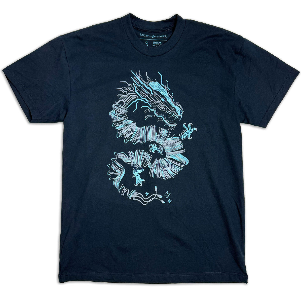 Volt Dragon heavyweight t-shirt by STORY SPARK - navy blue short-sleeve t-shirt with a light blue and white graphic of a stylized dragon on the front, displayed flat against a white background.