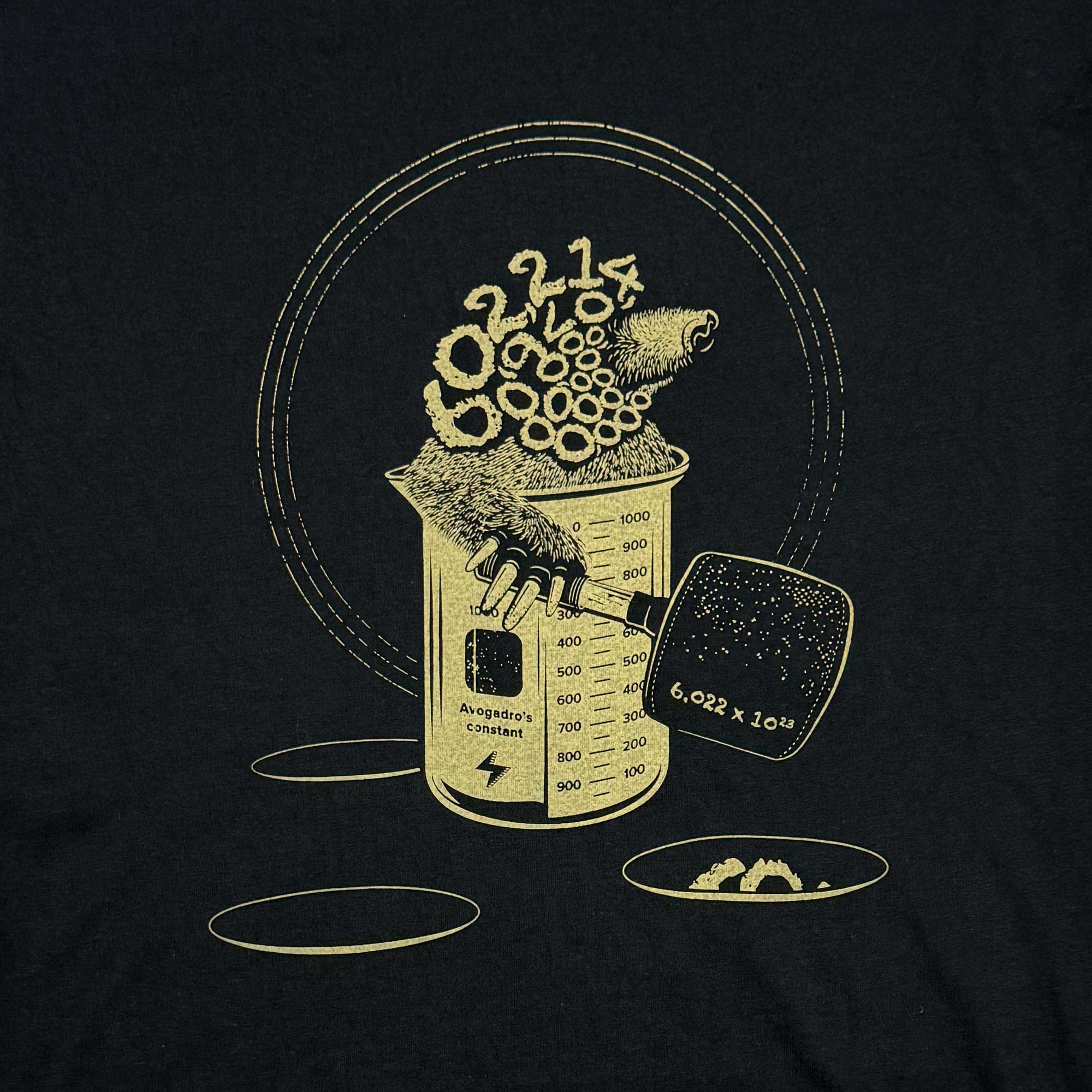 STORY SPARK graphic t-shirt with Whack a Mole chemistry design, mole made of 6.022 x 10²³ and beaker illustration