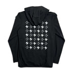 Black hoodie with screen printed lightning bolt pattern on the back