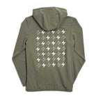 Olive green hoodie with screen printed STORY SPARK lightning bolt pattern on the back
