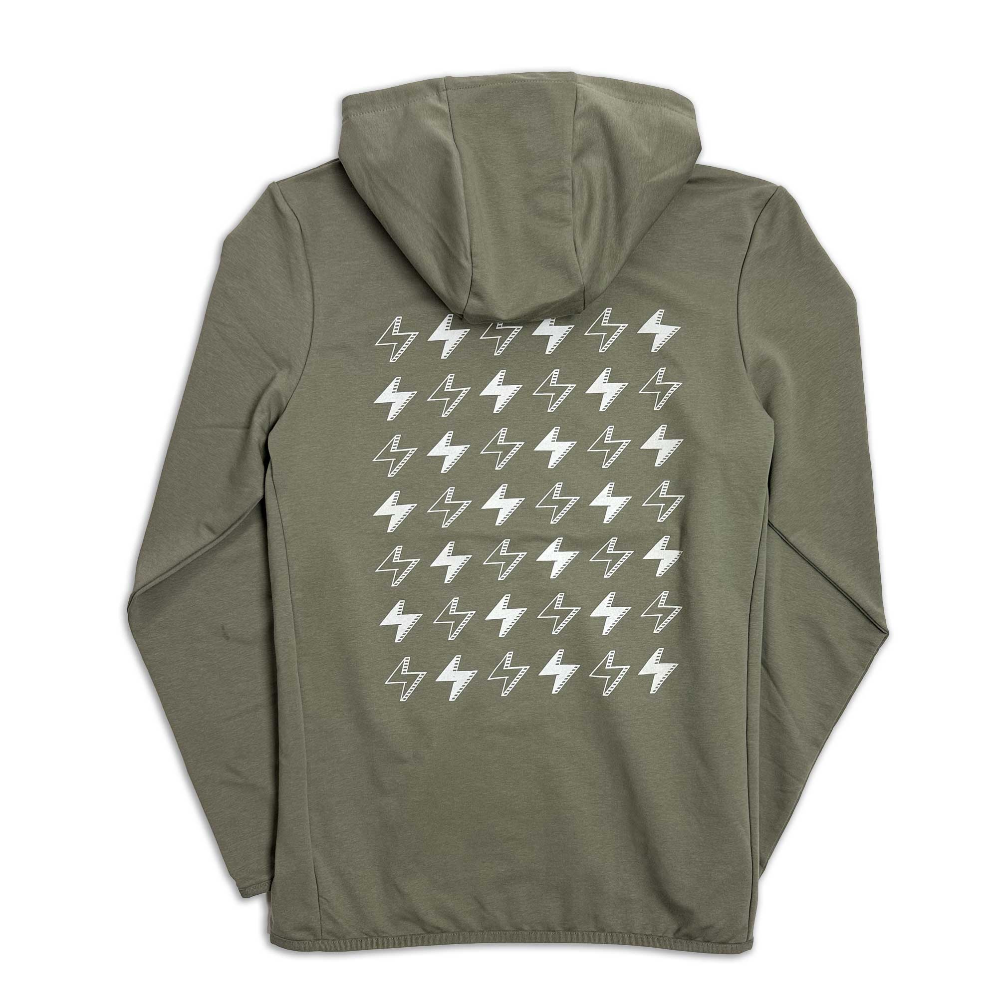 Olive green hoodie with screen printed STORY SPARK lightning bolt pattern on the back