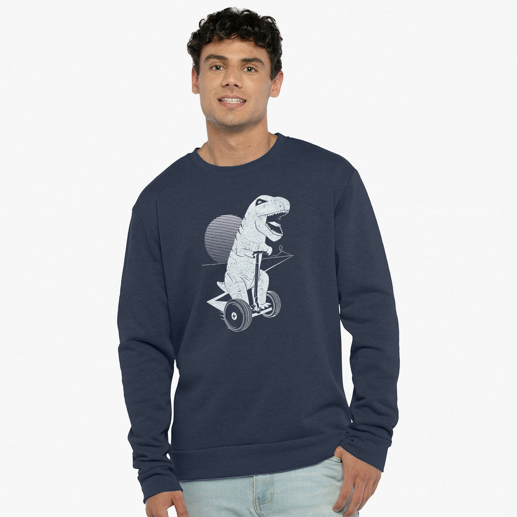 Glow in the Dark unisex crewneck with T-Rex riding scooter - STORY SPARK