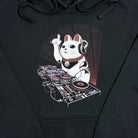 Black hoodie with a graphic of a lucky cat DJing on the chest