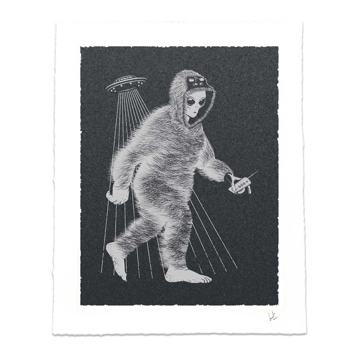 Art print featuring a white sketch of an alien in a Bigfoot costume walking while being lit by a UFO, centered on white paper with deckled edges and a textured dark charcoal field inside the artwork.