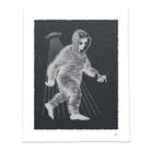 Art print featuring a white sketch of an alien in a Bigfoot costume walking while being lit by a UFO, centered on white paper with deckled edges and a textured dark charcoal field inside the artwork.
