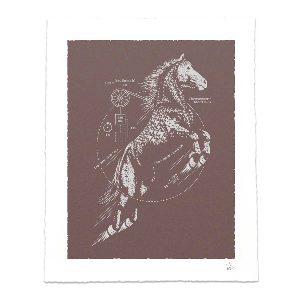 Art print featuring a white technical blueprint-style illustration of a horse on a dark brown background, surrounded by a white deckled border edge.