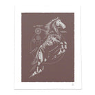 Art print featuring a white technical blueprint-style illustration of a horse on a dark brown background, surrounded by a white deckled border edge.