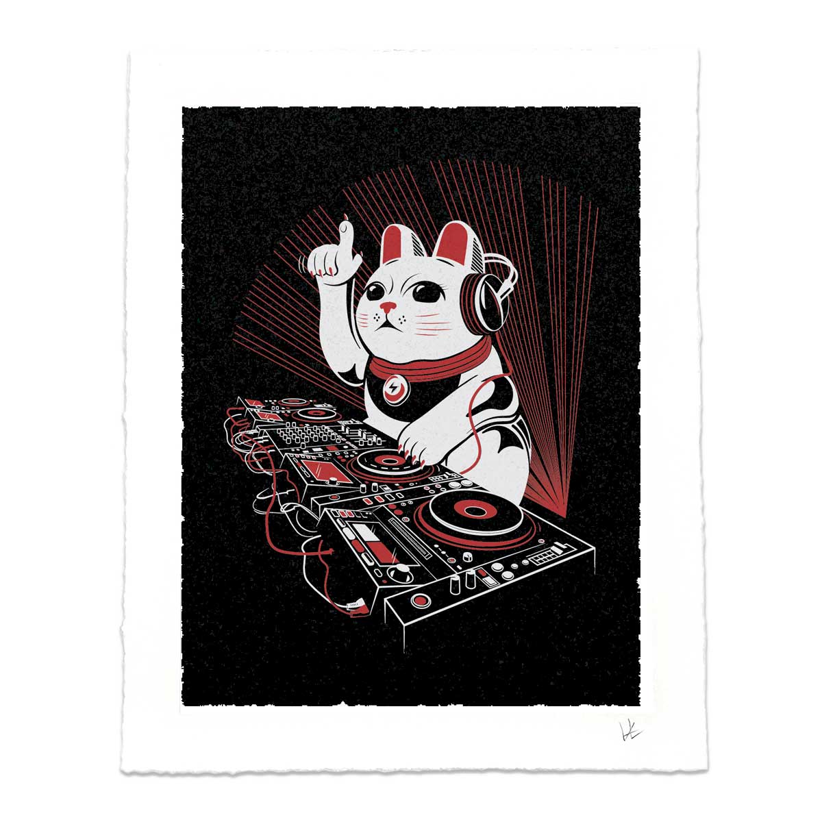 DJ Lucky Cat Art Print – Cool Cat Graphic Tee for Musicians and