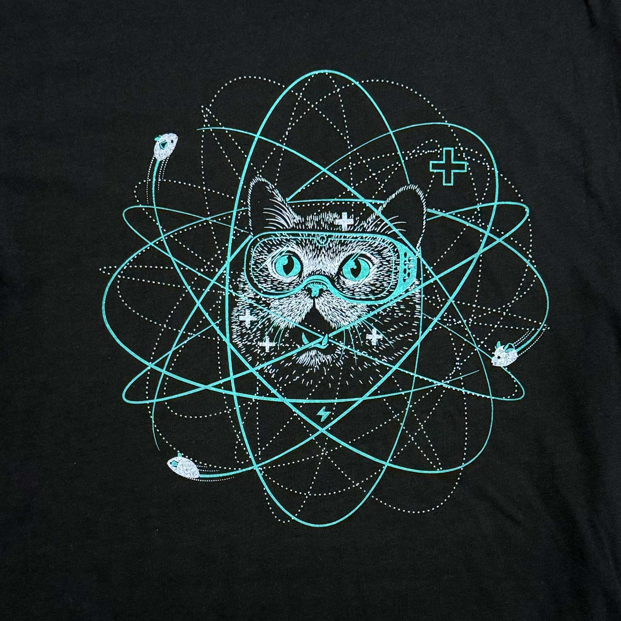 Atomic cat on black t-shirt by Story Spark