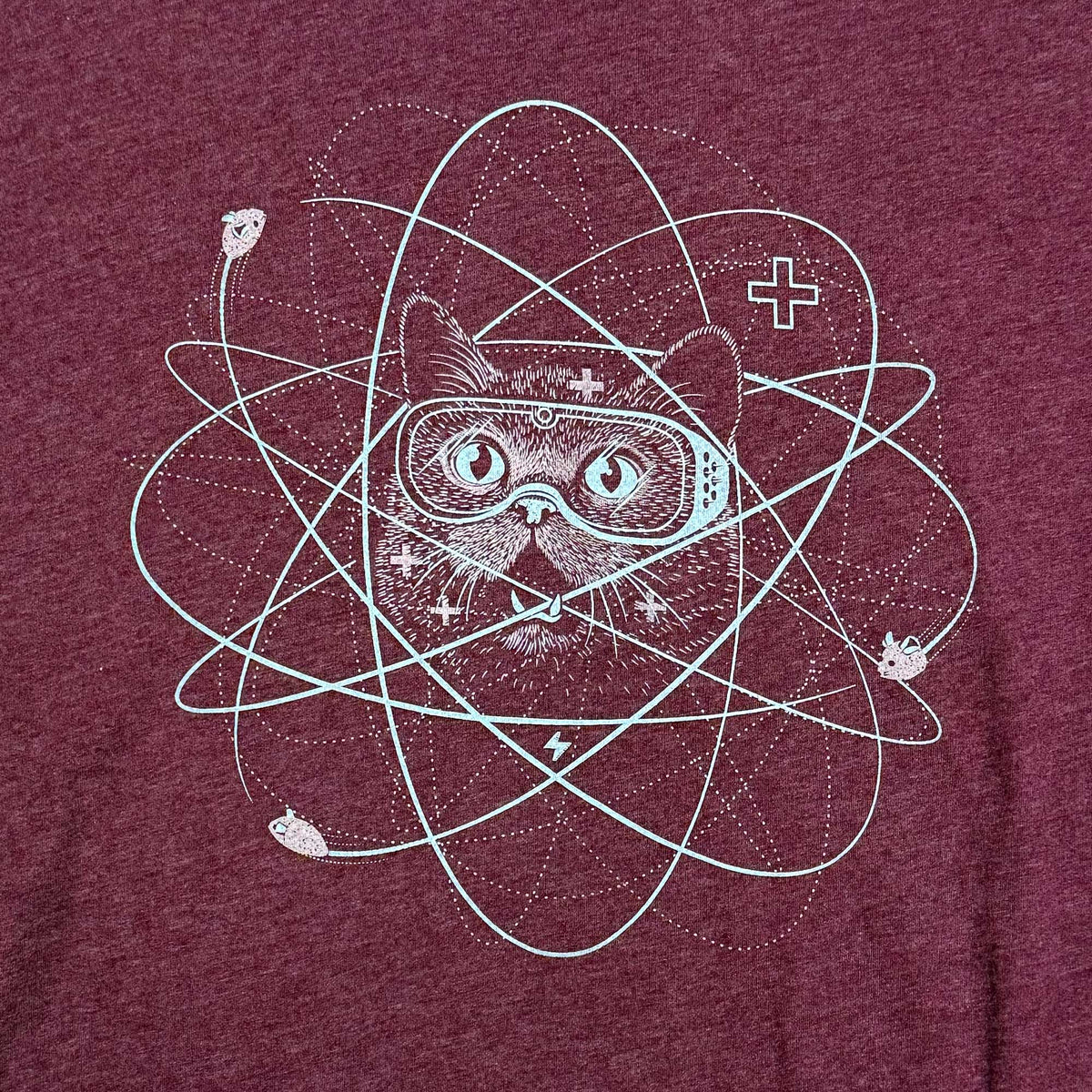 Atomic Cat graphic t-shirt in maroon - unisex tee by Story Spark