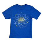 Blue kids t-shirt with a graphic design of a cat in an atom on a white background
