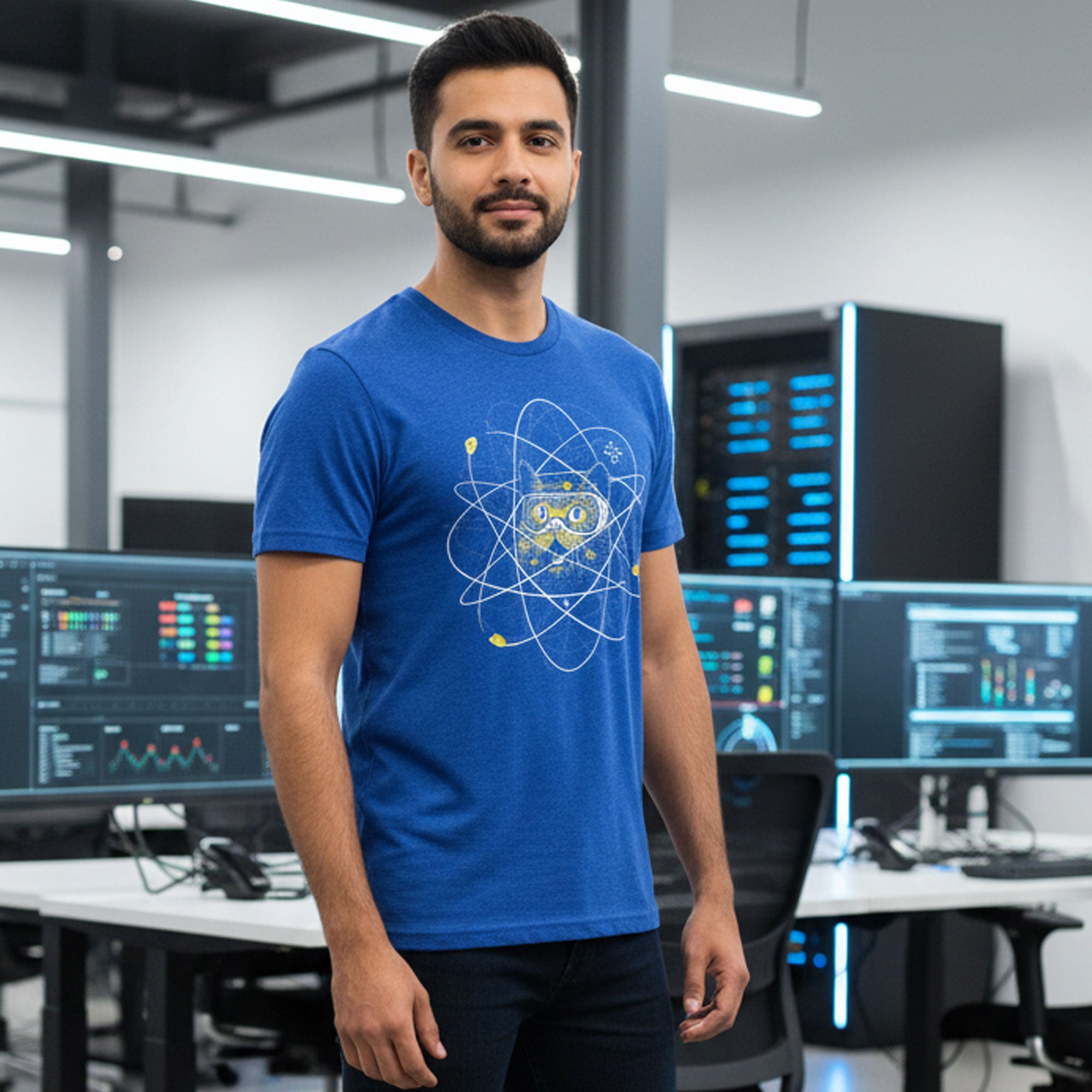 Engineer wearing Cat Ion graphic t-shirt by STORY SPARK