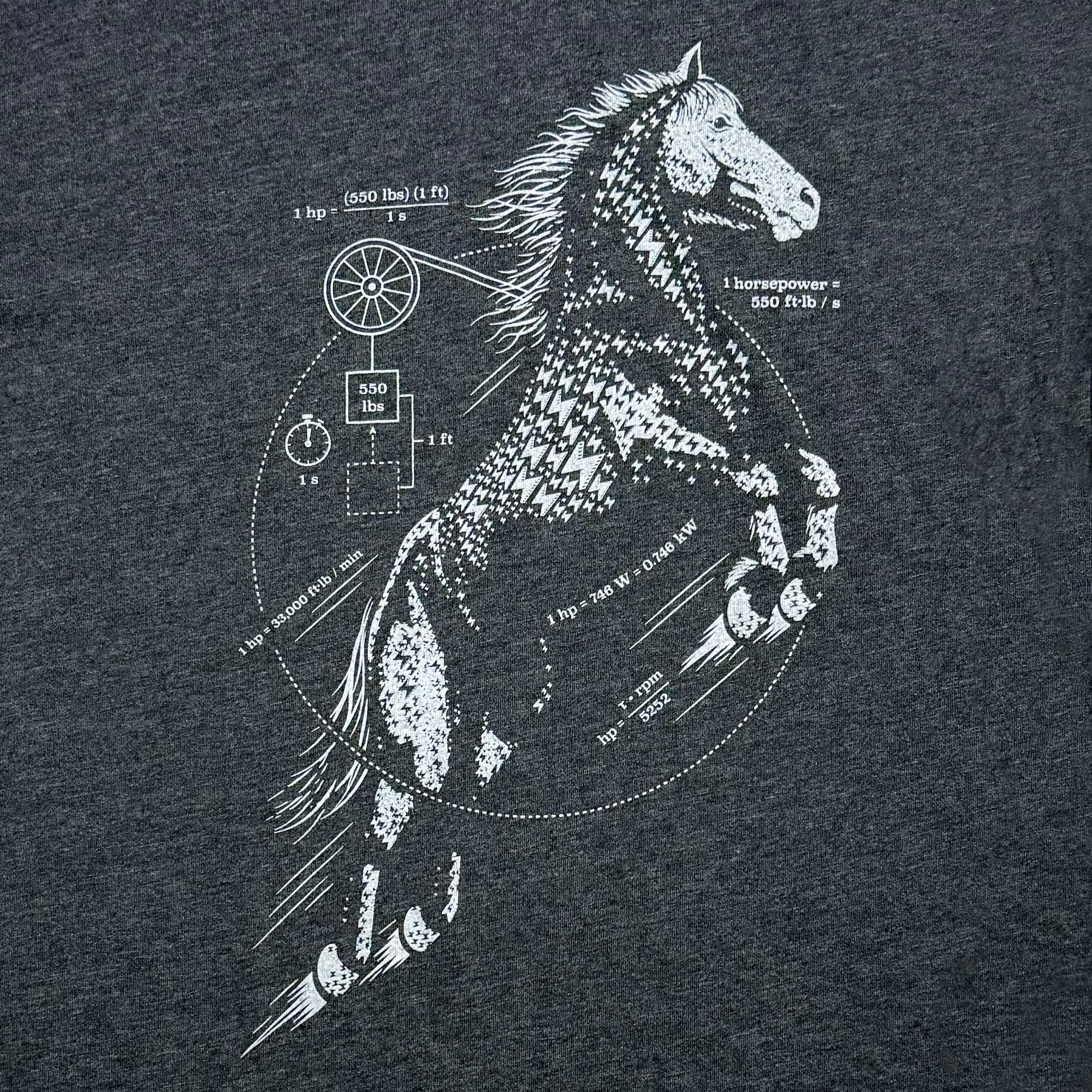 Horse Power graphic tee with technical diagrams for science and engineering geeks