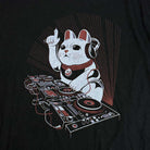 Black t-shirt with a graphic of a cat DJing on a turntable