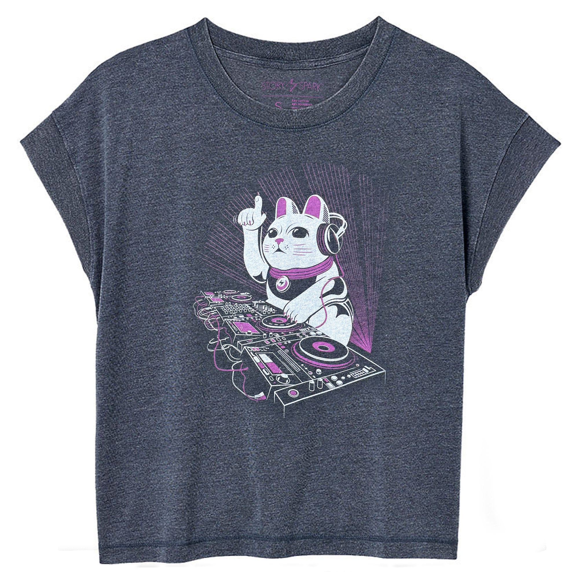 Relaxed Womens graphic t-shirt with DJ Lucky Cat