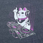 Cat DJing on a turntable with headphones on a dark navy womens t-shirt.