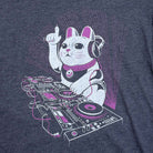 Womens t-shirt with a lucky cat DJing on a dark navy blue background