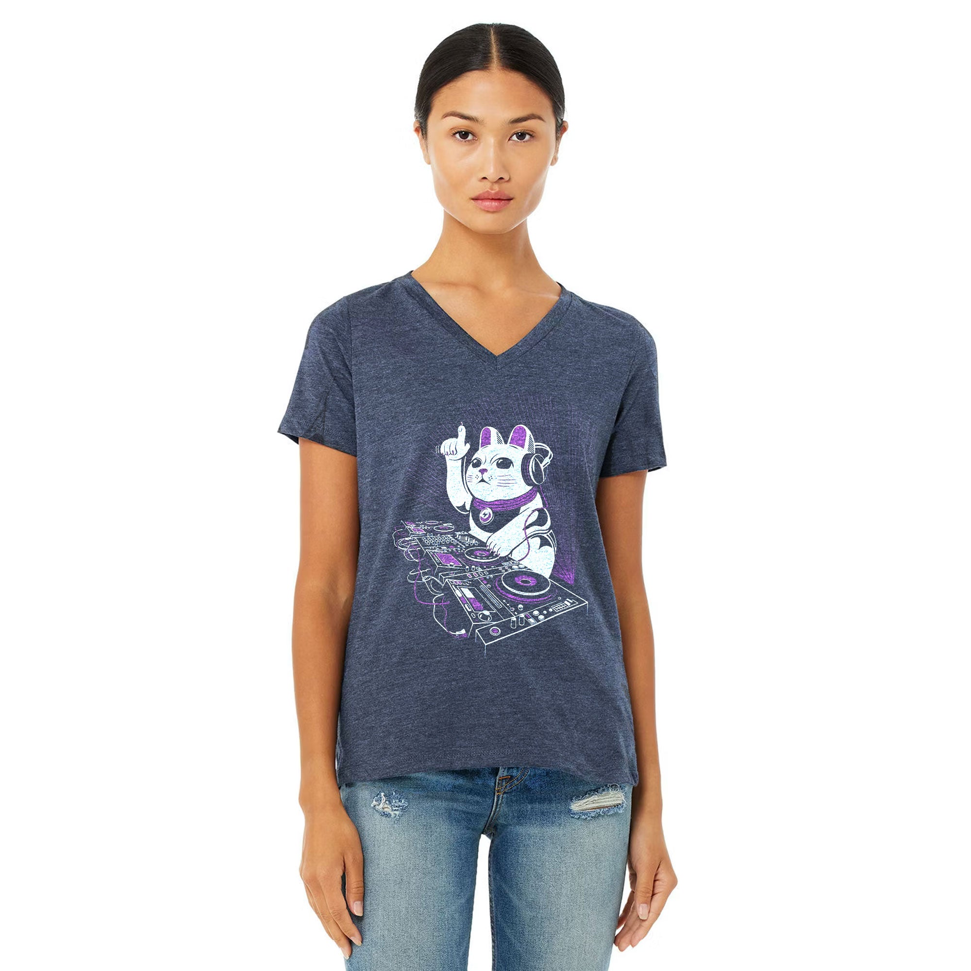 Woman wearing a blue v-neck t-shirt with a DJ Lucky Cat design printed on the front