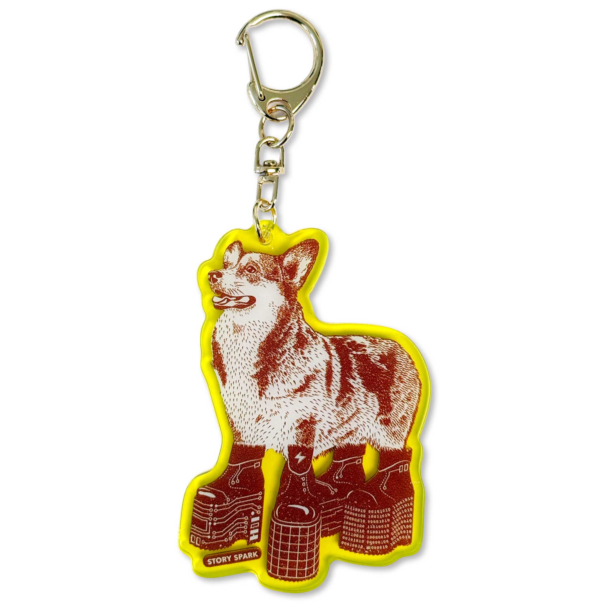 Dog-shaped keychain with a yellow border on a white background