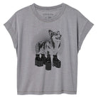Gray womens t-shirt with a graphic of a Corgi dog wearing platform shoes - original design by STORY SPARK