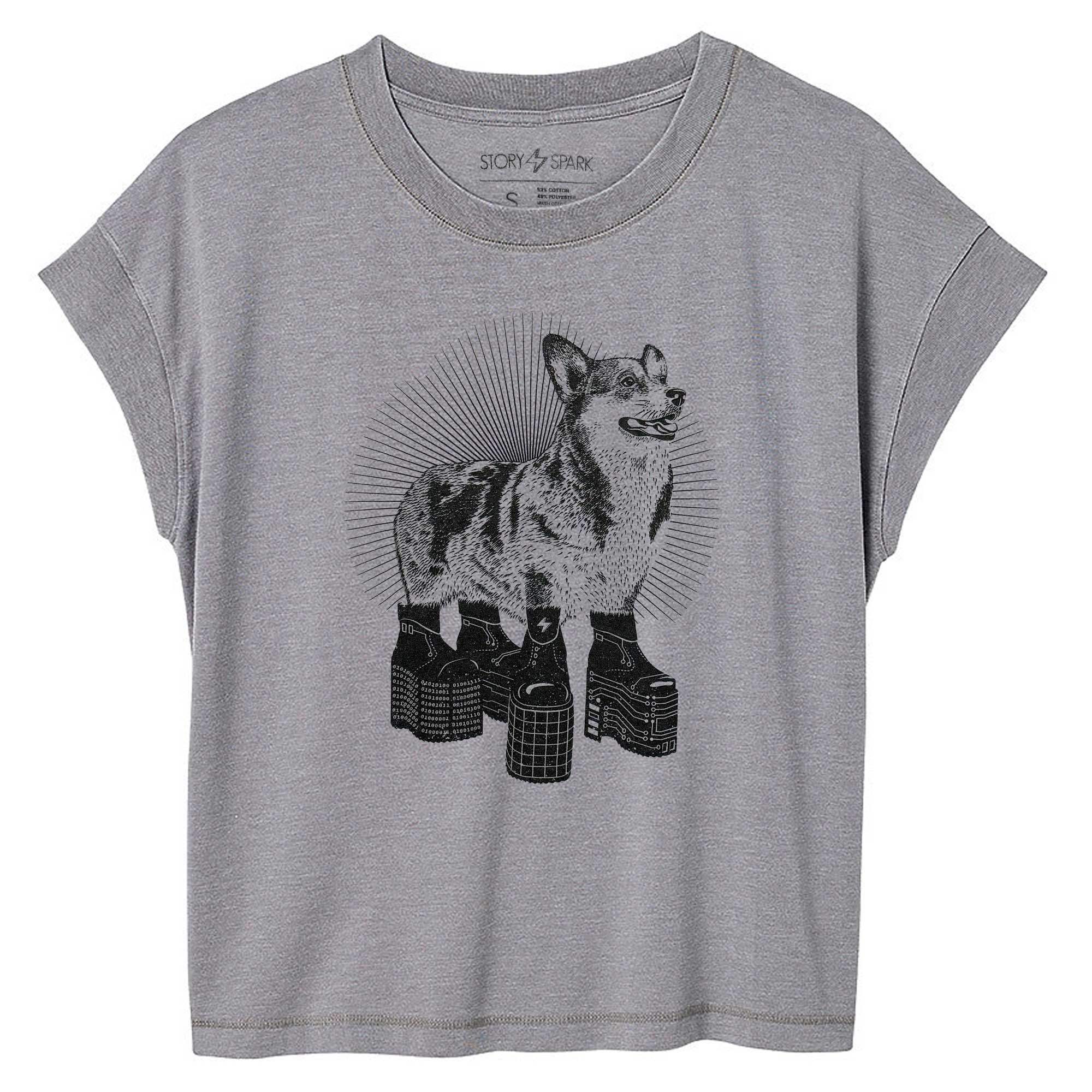 Gray womens t-shirt with a graphic of a Corgi dog wearing platform shoes - original design by STORY SPARK