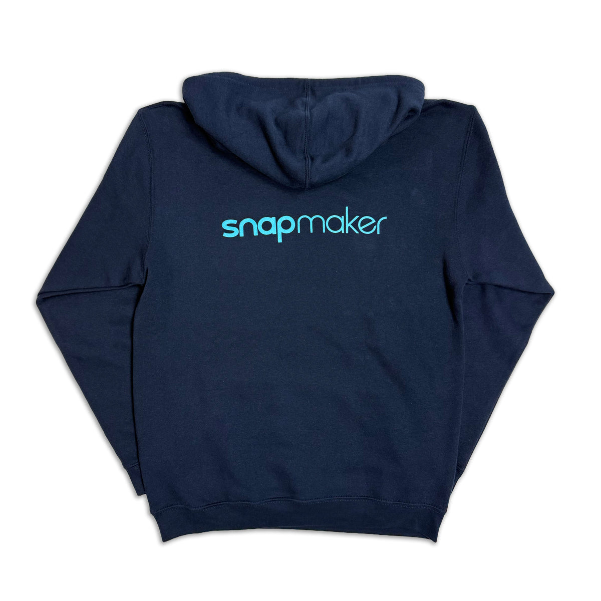 A navy blue pullover hoodie shown from the back, featuring the brand name 'Snapmaker' printed in a light blue across the upper back.