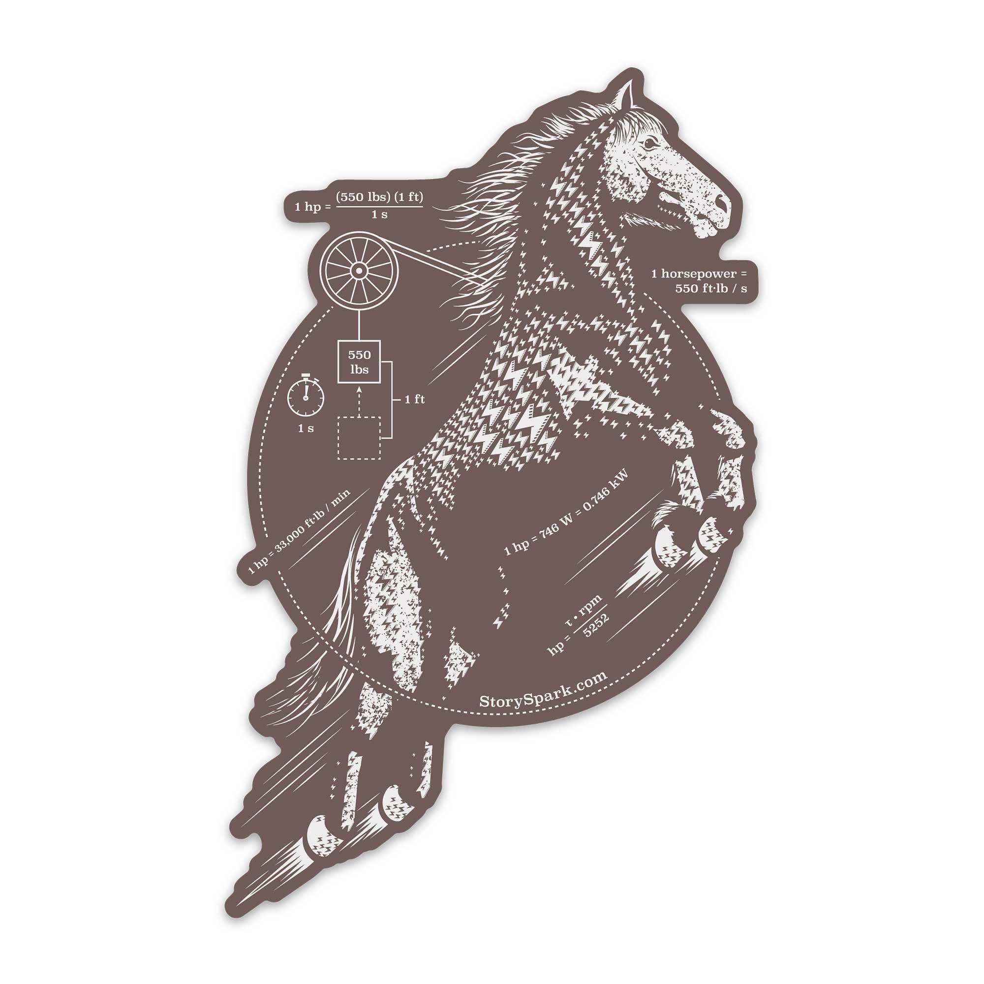 A die-cut sticker featuring a white line-art illustration of a horse with technical diagram of horsepower and equations