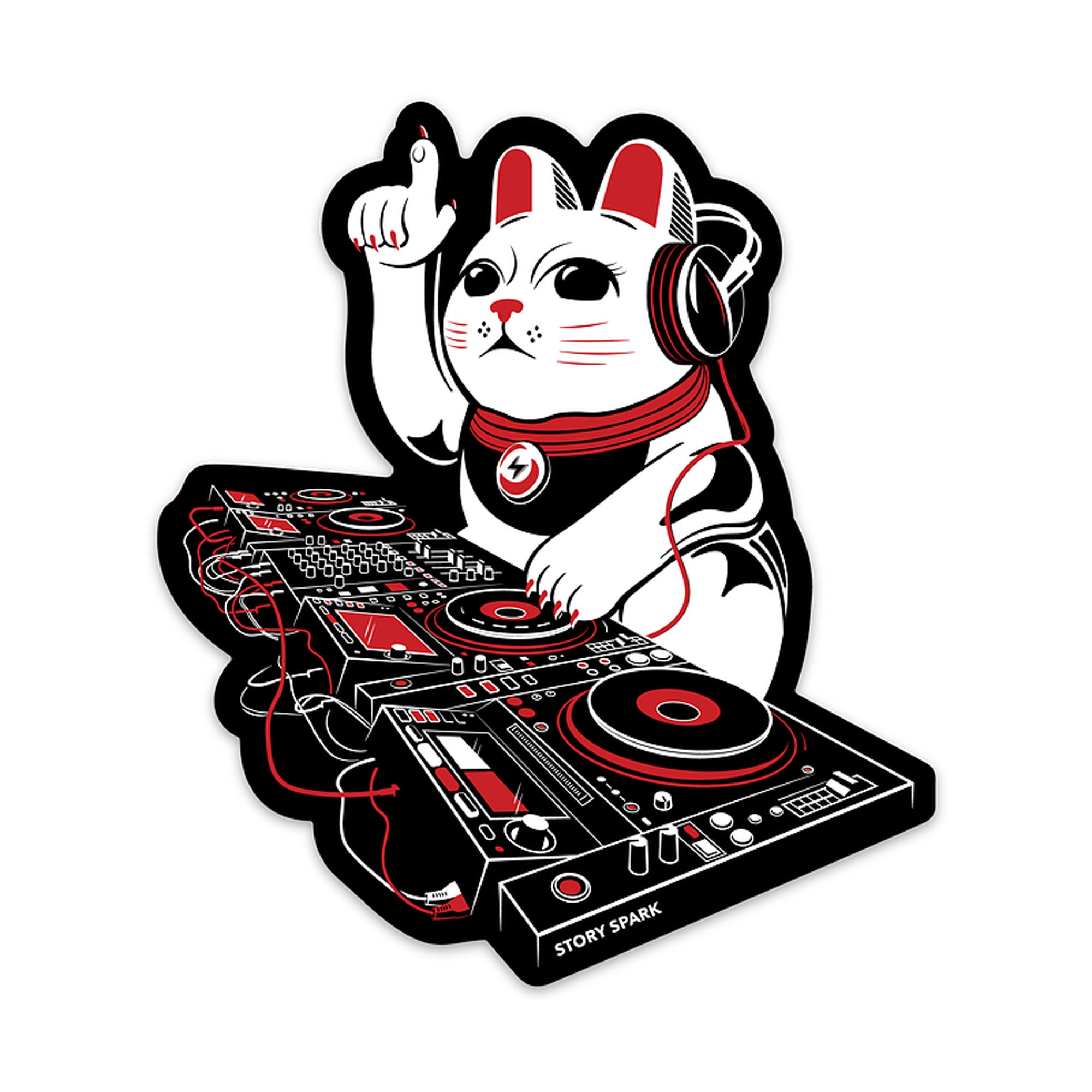 Sticker of a Lucky Cat djing on a turntable with red accents, featuring the brand 'Story Spark'.