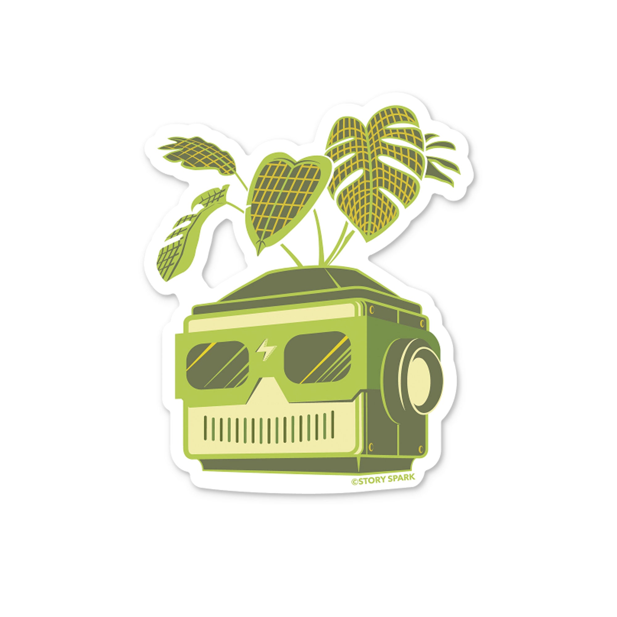 Solar Plant sticker - green robot with plant elements on a white background