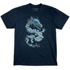 Volt Dragon heavyweight t-shirt by STORY SPARK - navy blue short-sleeve t-shirt with a light blue and white graphic of a stylized dragon on the front, displayed flat against a white background.