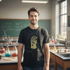 Man wearing STORY SPARK Whack a Mole graphic t-shirt in a chemistry lab classroom, featuring Avogadro’s number science pun design